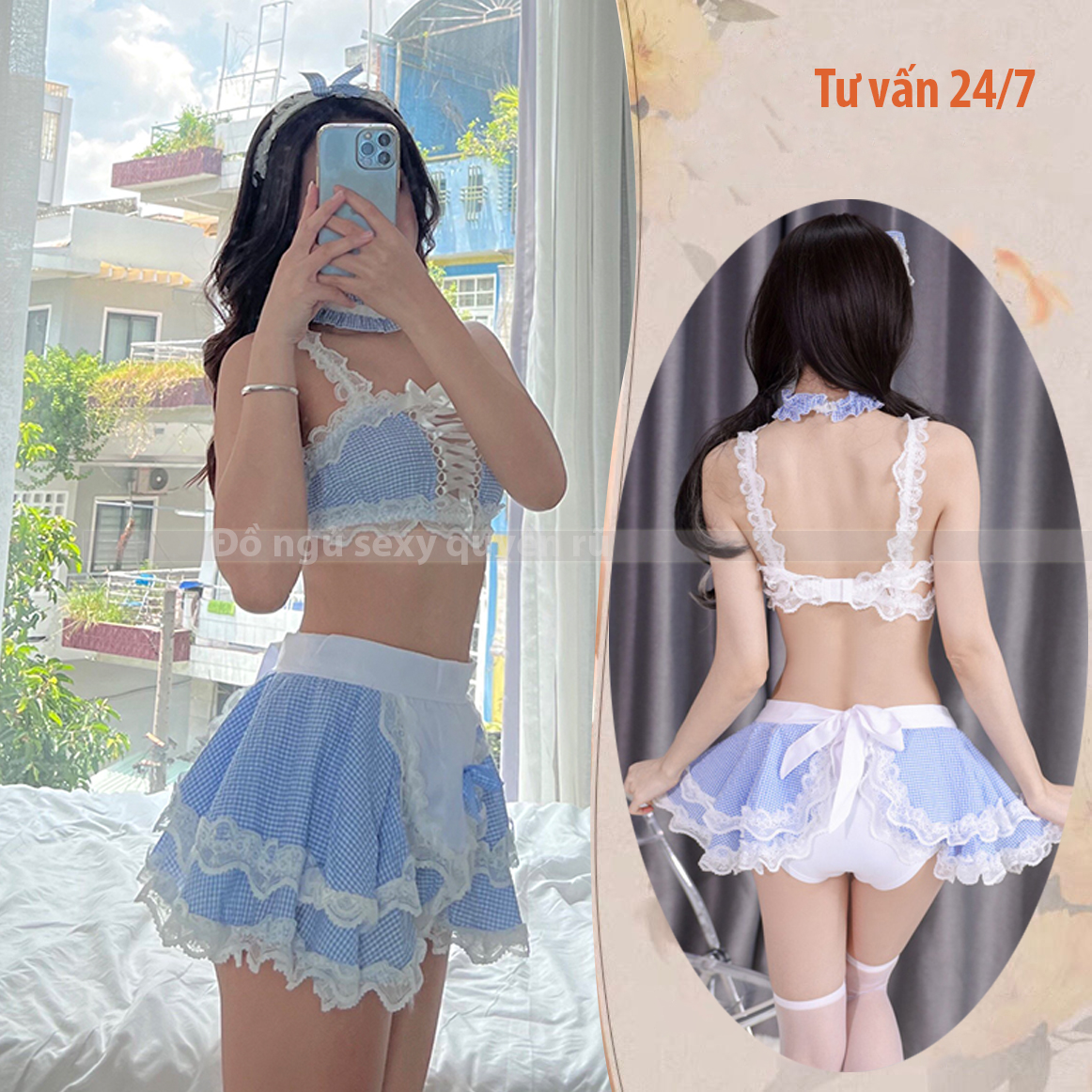 Váy ngủ cosplay bra kèm chân váy phối cài tóc sexy gợi cảm P32 - Đầm ngủ cosplay quyến rũ - Đồ ngủ nữ