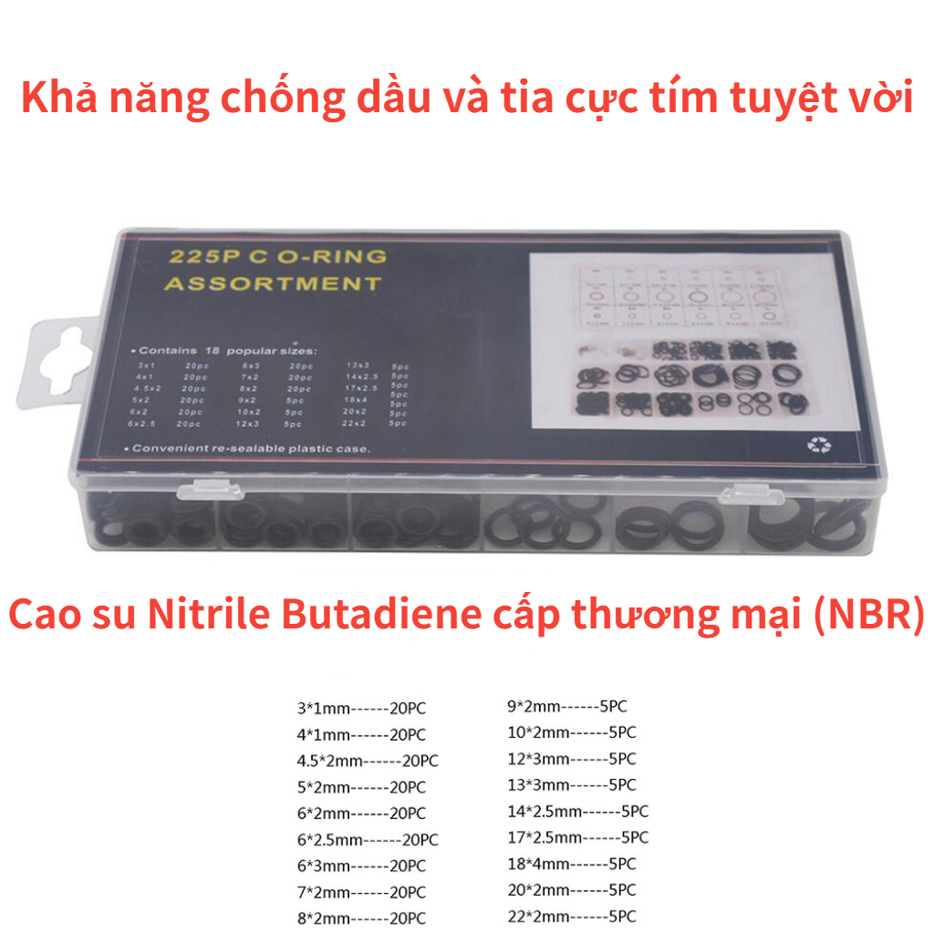 225 chiếc Cao su O Ring Máy giặt O-Ring Seals Độ kín nước Các loại Kích thước khác nhau với Bộ hộp