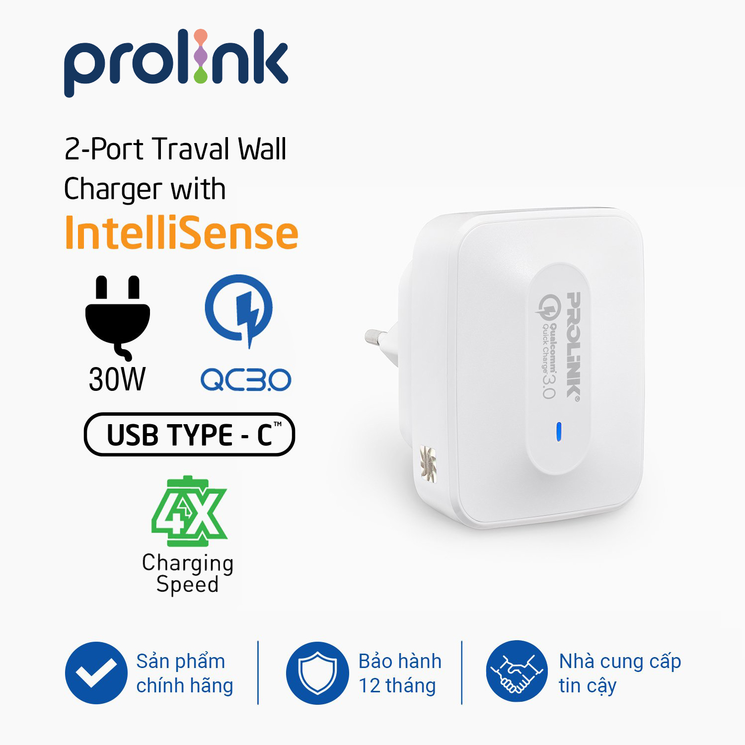 Củ sạc nhanh 3 cổng Prolink PTC32501 Quick charge 3.0 - Hàng chính hãng