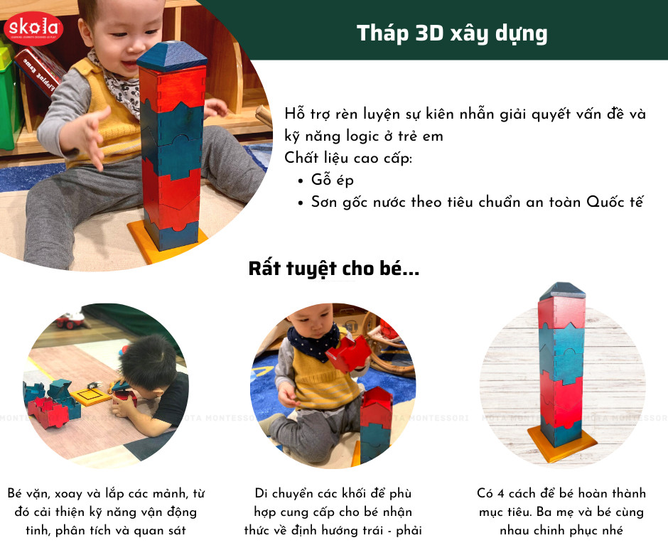[THANH LÝ] [SK 004 - Mota Montessori] - Đồ chơi trí tuệ cho bé Xếp hình dạng tháp - Hàng chính hãng
