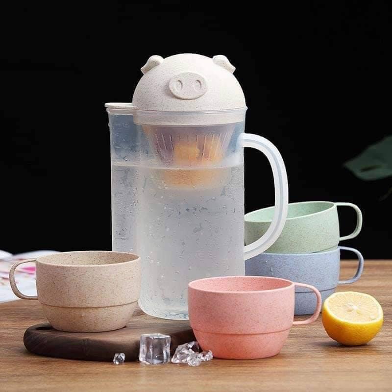 Bộ bình trà kèm 4 cốc lúa mạch hình lợn 1,6l