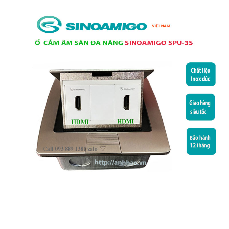 Ổ cắm âm sàn đa năng Sinoamigo SPU-3S inox đúc nguyên tấm, không bị oxy hóa