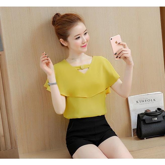 Áo Kiểu Choàng Bèo Cổ Phối Nút Công Sở Sành Điệu Mấu Mới
