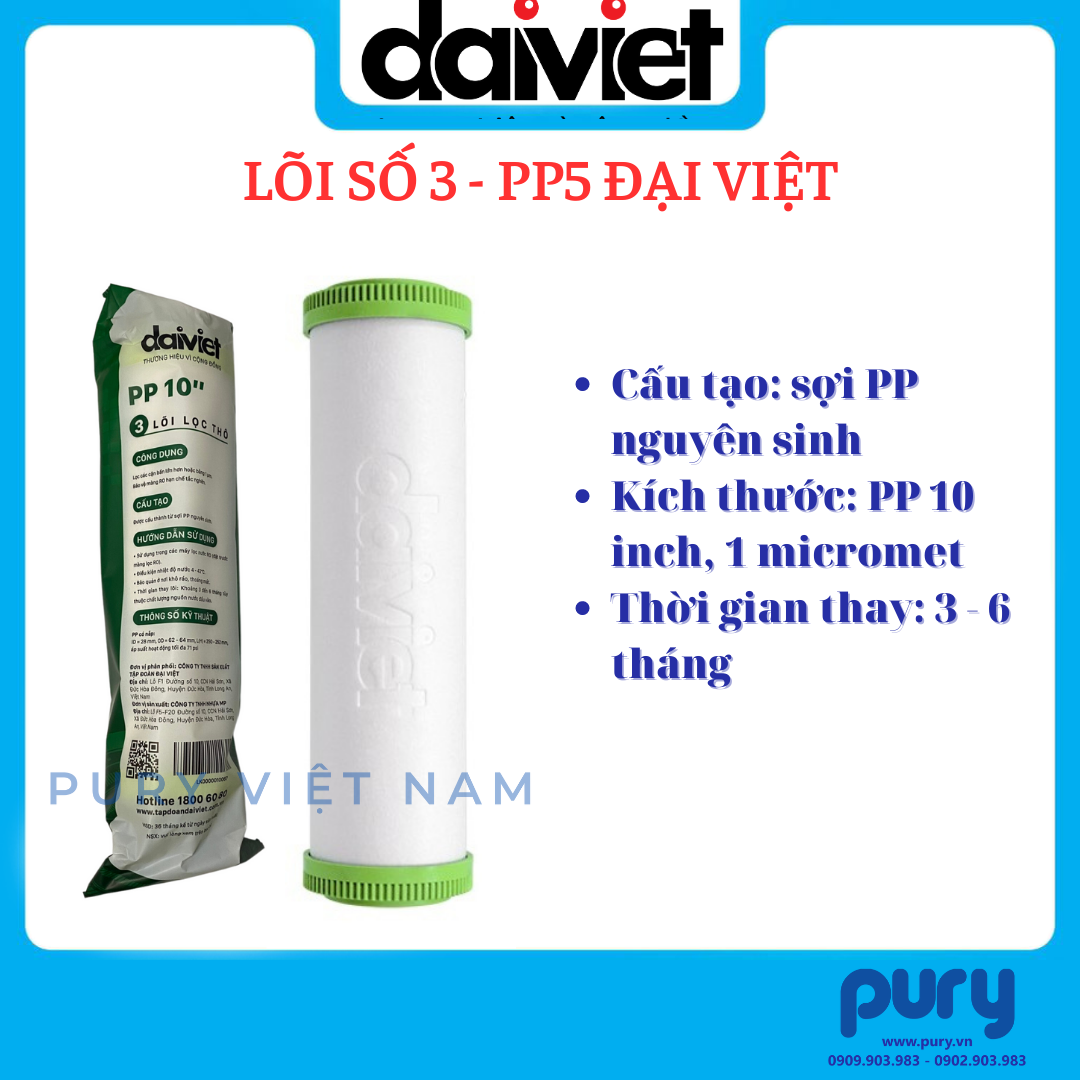LÕI LỌC NƯỚC 123 ĐẠI VIỆT PP-CTO-PP - DÙNG CHO MÁY LỌC NƯỚC DAIKIOSAN, MAKANO VÀ CÁC MÁY LỌC NƯỚC RO