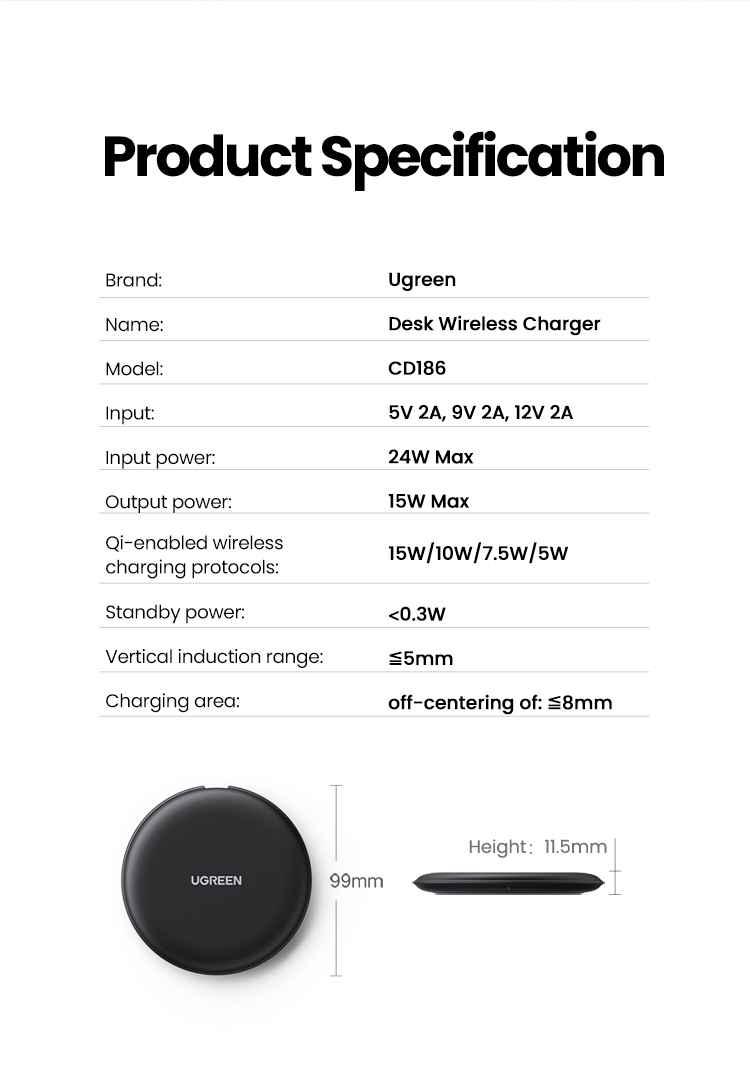 Ugreen UG15112CD186TK 15W kèm cáp USB-C c-c dài 1M Đế sạc không dây hỗ trợ sạc nhanh Màu Đen - HÀNG CHÍNH HÃNG