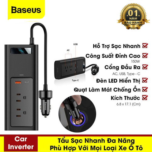 Tẩu Sạc Nhanh Đa Năng Trên Ô Tô Baseus Car Inverter 12V, DC 110V - 220v, 150W Phù Hợp Với Mọi Loại Xe Hơi - Hàng Chính Hãng