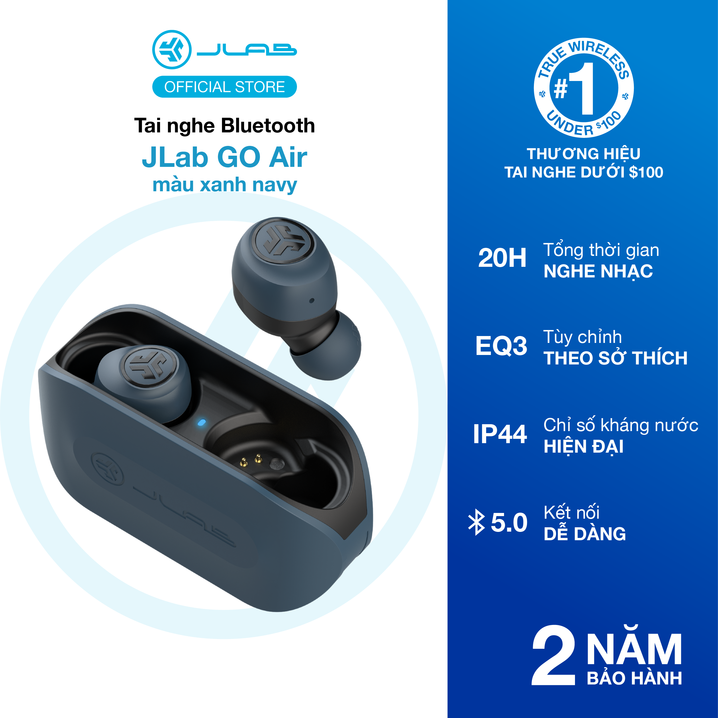 Tai nghe Bluetooth True Wireless JLab GO Air màu xanh navy - Hàng hính hãng