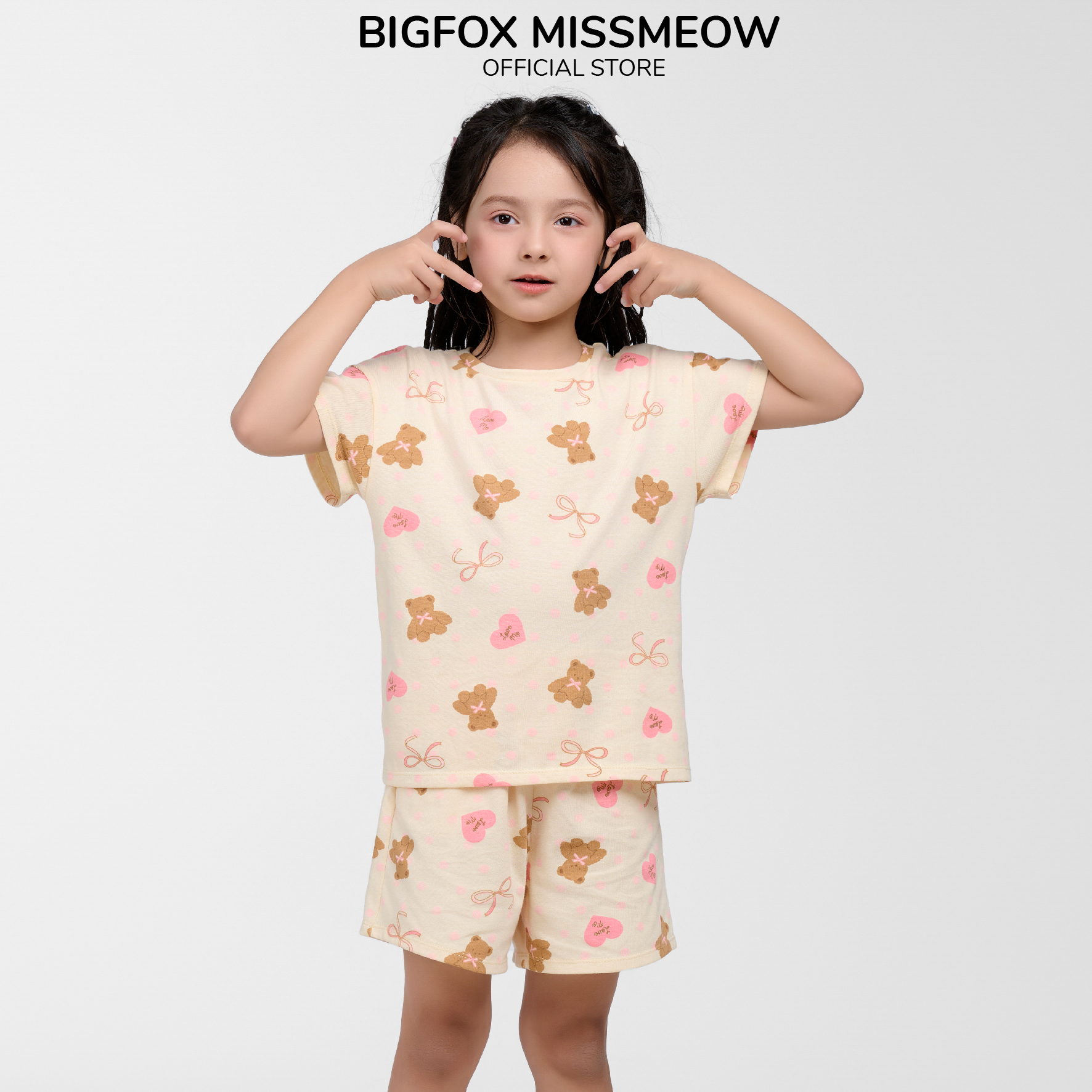 Bộ bé gái cộc tay Bigfox Miss Meow mùa hè size đại in gấu cỡ 3,6,9,11 tuổi 30kg 40kg
