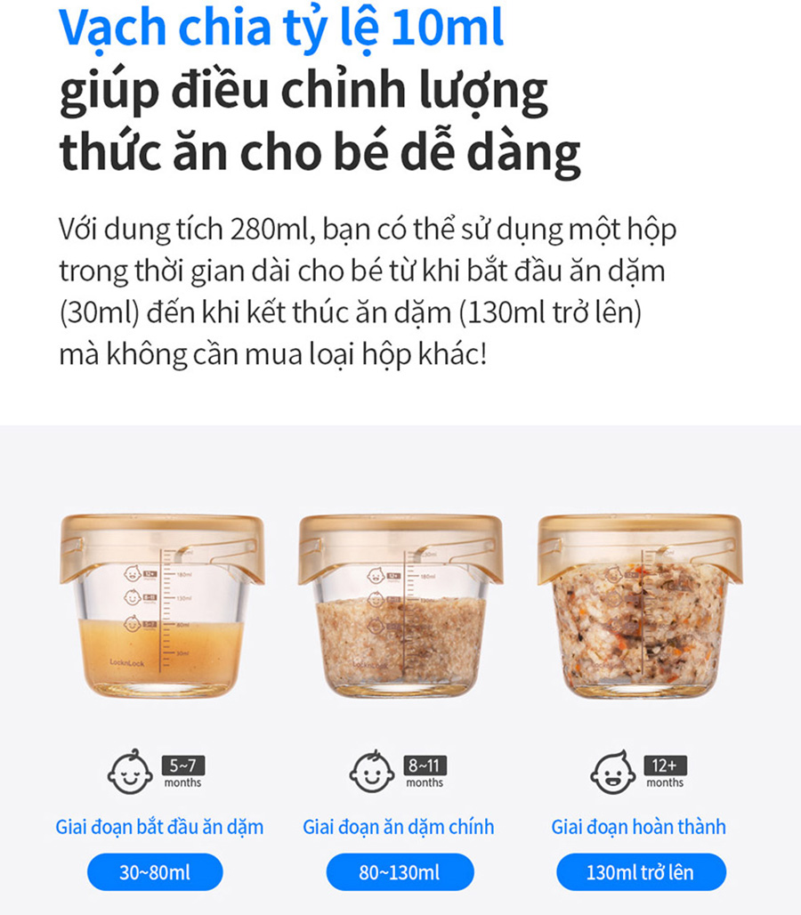 Bộ 3 hộp thủy tinh đựng thực phẩm cho bé LocknLock Baby Food container LLG542S3IVY - 280ml, Nắp vặn chống tràn, chất liệu không BPA an toàn cho trẻ em, có vạch chia - Hàng chính hãng