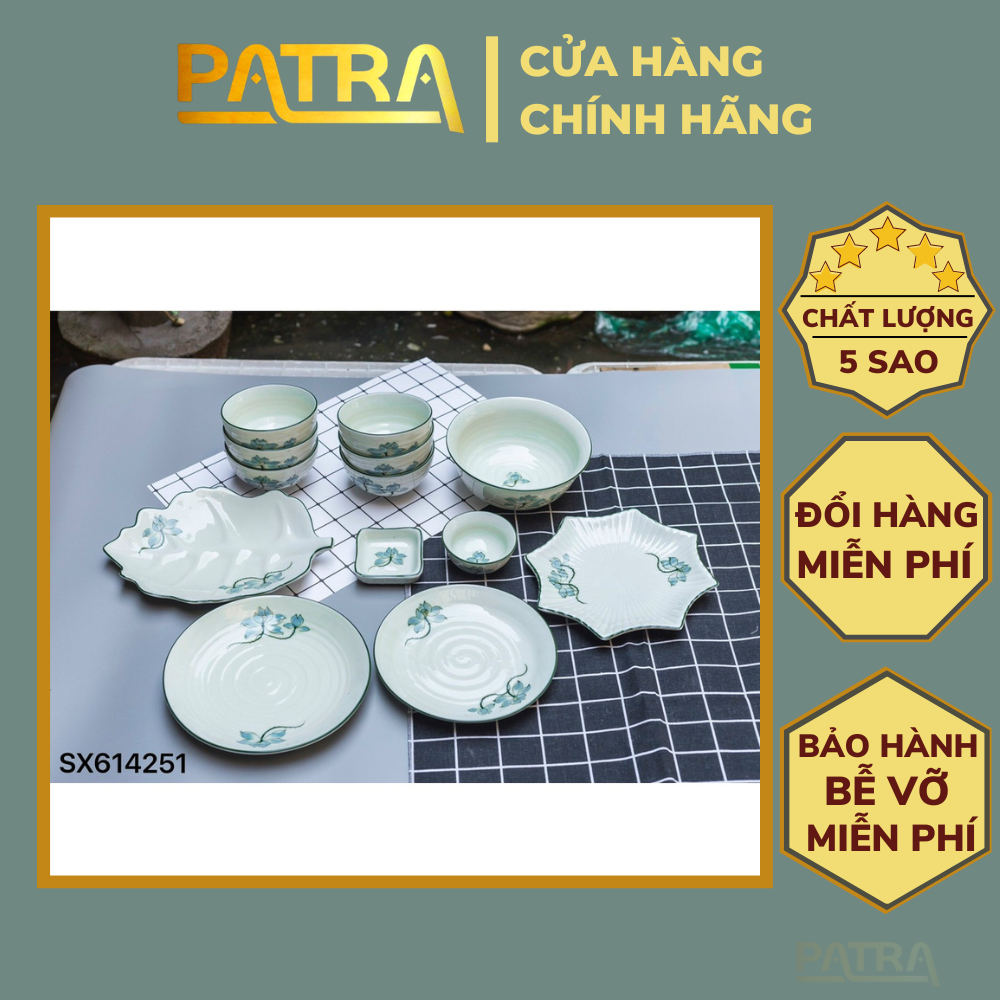 Bộ bát đĩa sứ Bát Tràng, bộ chén dĩa ăn cơm gia đình men kem họa tiết sen xanh, có bán các món lẻ