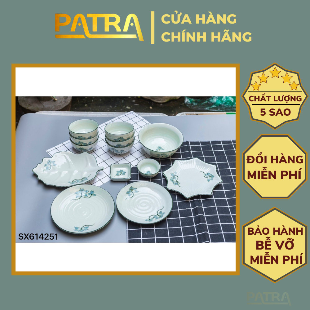 Bộ bát đĩa sứ Bát Tràng, bộ chén dĩa ăn cơm gia đình men kem họa tiết sen xanh, có bán các món lẻ