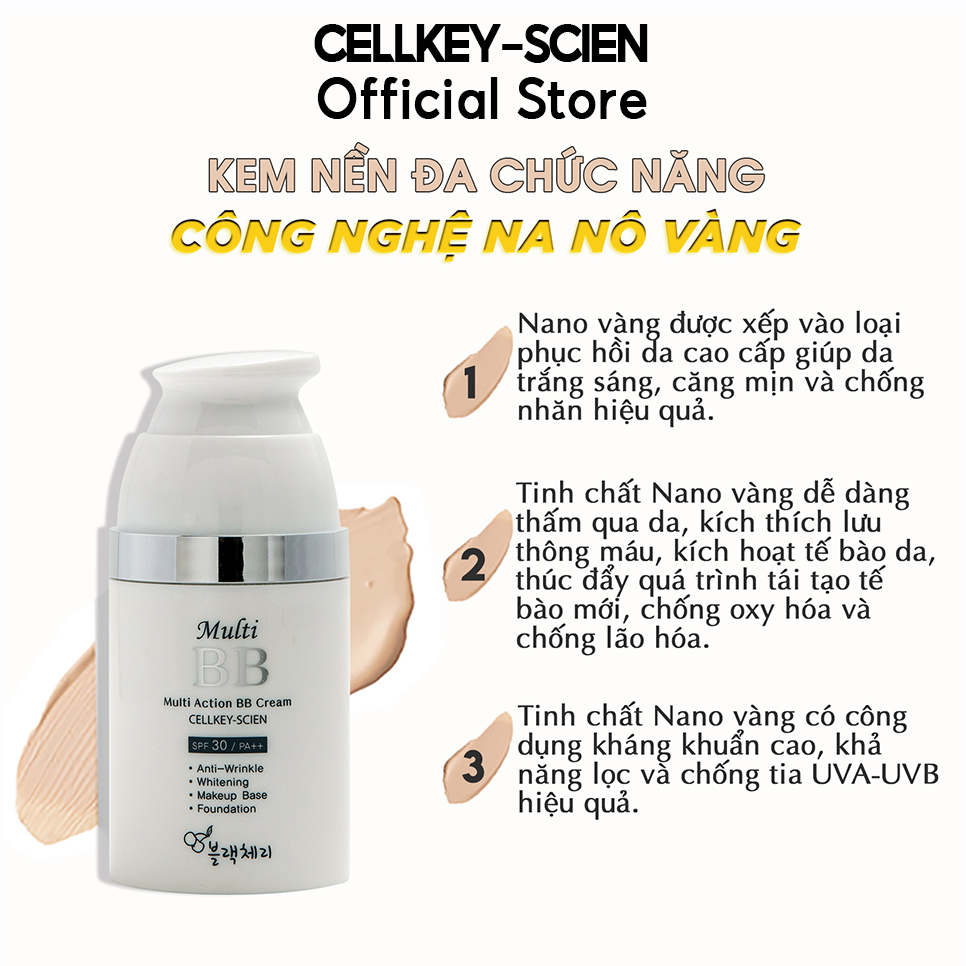 Combo 2 Kem Nền Che Khuyết Điểm Kiềm Dầu Chống Nắng Dưỡng Da Ngăn Ngừa Lão Hóa Công Nghệ Nano Vàng Cellkey-Scien Multi Action BB Cream