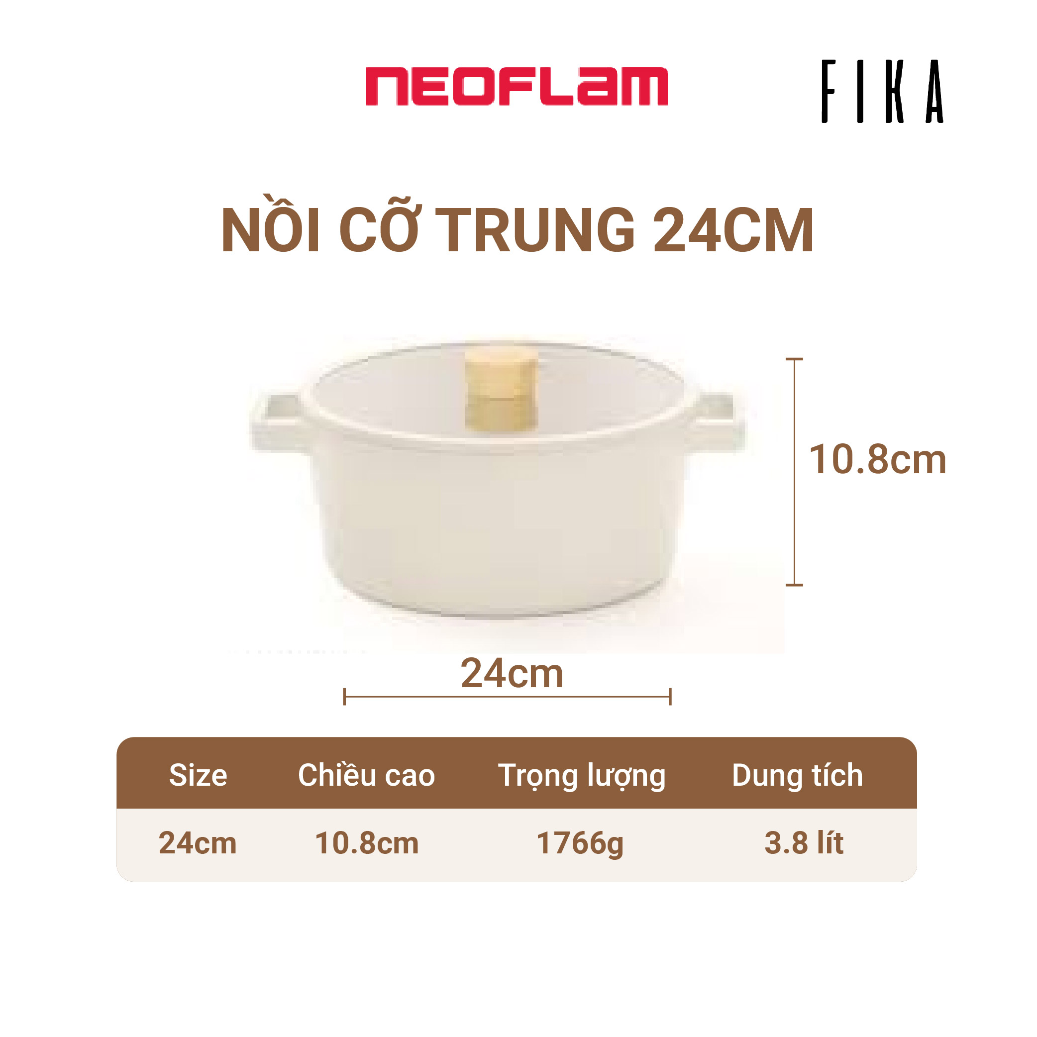 Hàng Chính Hãng Nồi Cỡ Trung Neoflam Fika 24Cm. Đường Kính 24Cm I Thành Cao 12Cm I Thể Tích 3.8L I Trọng Lượng 2100G I Made In Korea. Hàng Có Sẵn, Giao Ngay