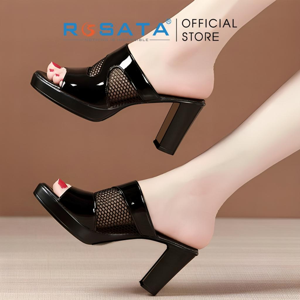 Giày sandal ROSATA RO582 dép sục cao gót 7cm xỏ chân mũi tròn quai ngang gót vuông màu đen xuất xứ Việt Nam