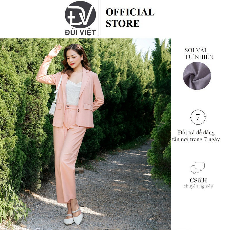 Hình ảnh Bộ vest blazer nữ màu hồng nhẹ nhàng phong cách vintage Hàn Quốc, chất linen mềm mát Đũi Việt