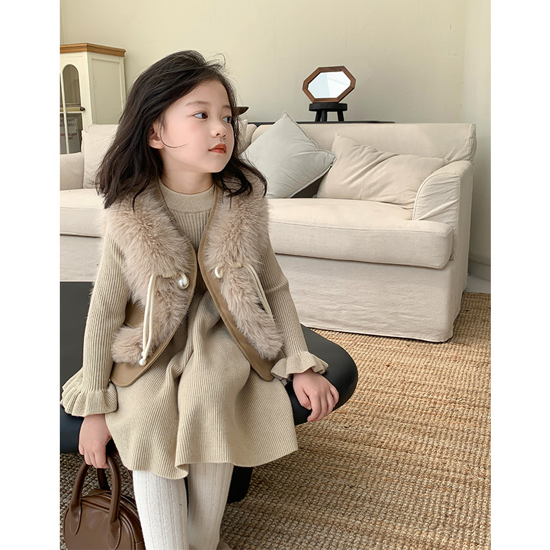 Set váy bé gái, Đầm thu đông cho bé 1-6 tuổi gile lông kèm túi đeo phong cách Hàn Quốc kiểu dáng thời trang