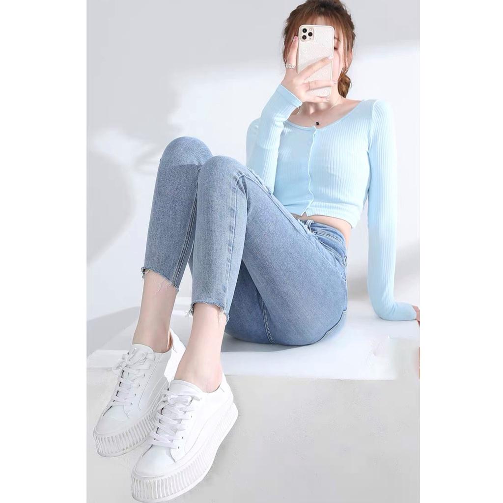 Quần jean nữ Big Size 9 tấc rách xanh nhạt rách nhiều dành cho người béo 4330 MLJ
