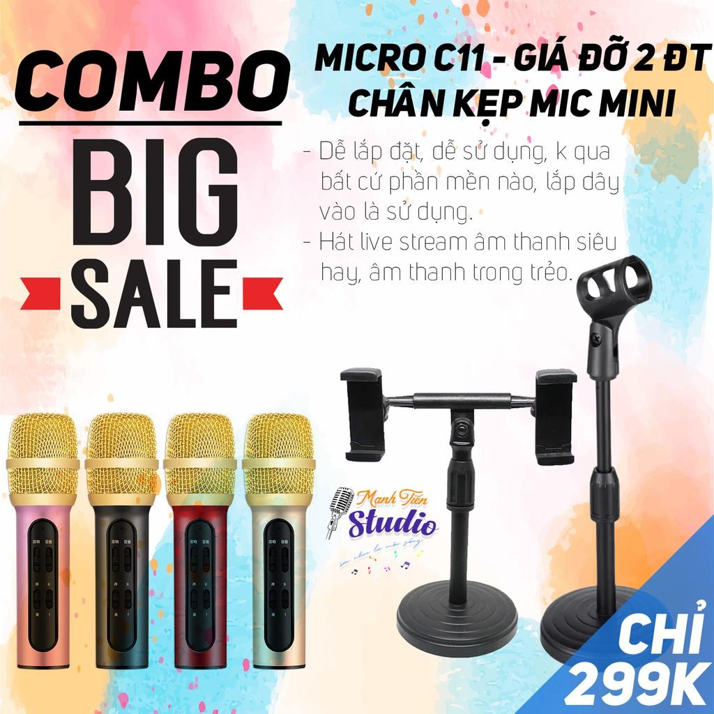 CTY MT Micro live stream C11, chân kẹp micro mini, giá kẹp 2 điện thoại cực tiện lợi dễ sử dụng cho live stream(BH 12T)