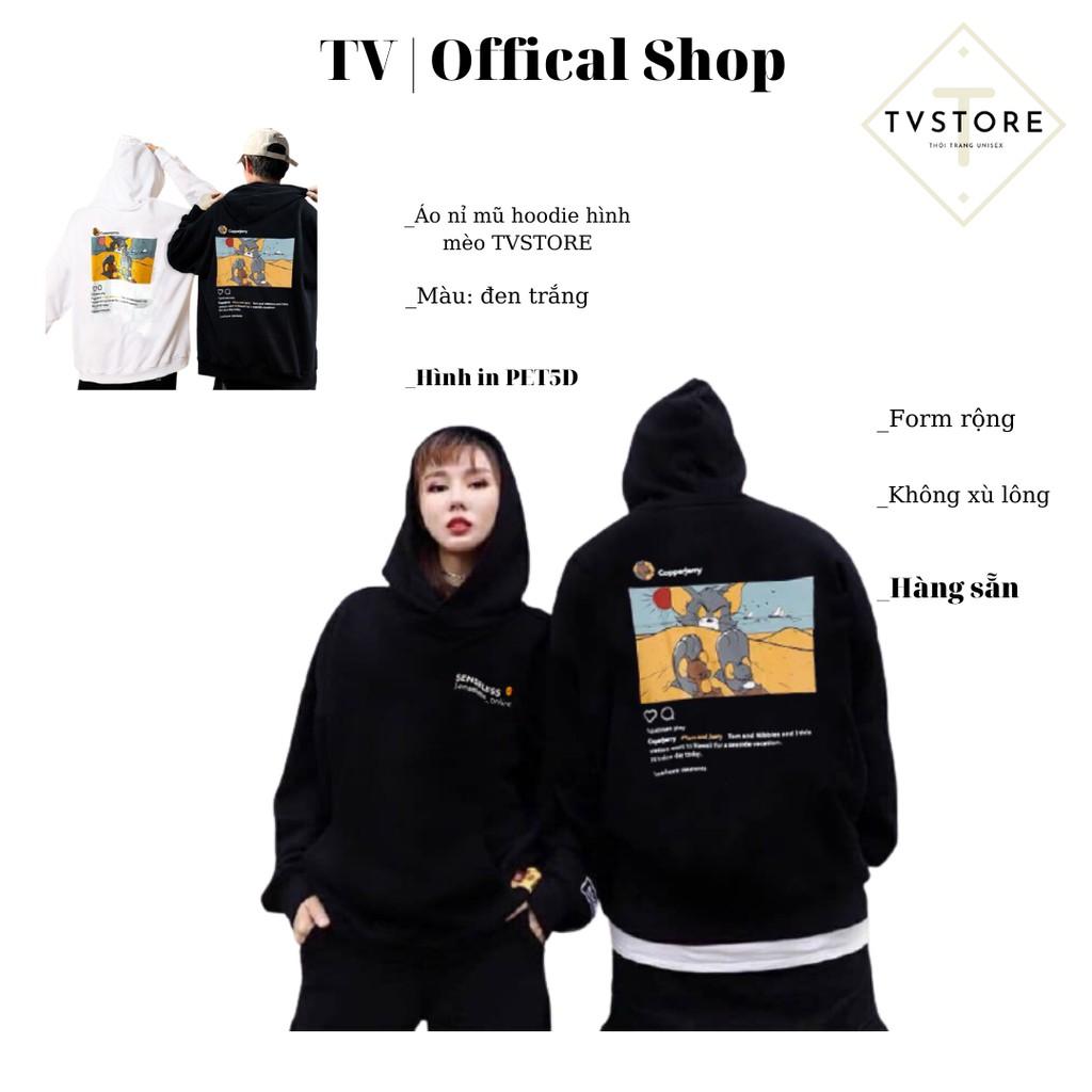 Áo hoodie nỉ TVSTORE ️ áo in hình mèo và 2 chú chuột nỉ cotton dày co giãn siêu ấm tay bồng form rộng màu trắng