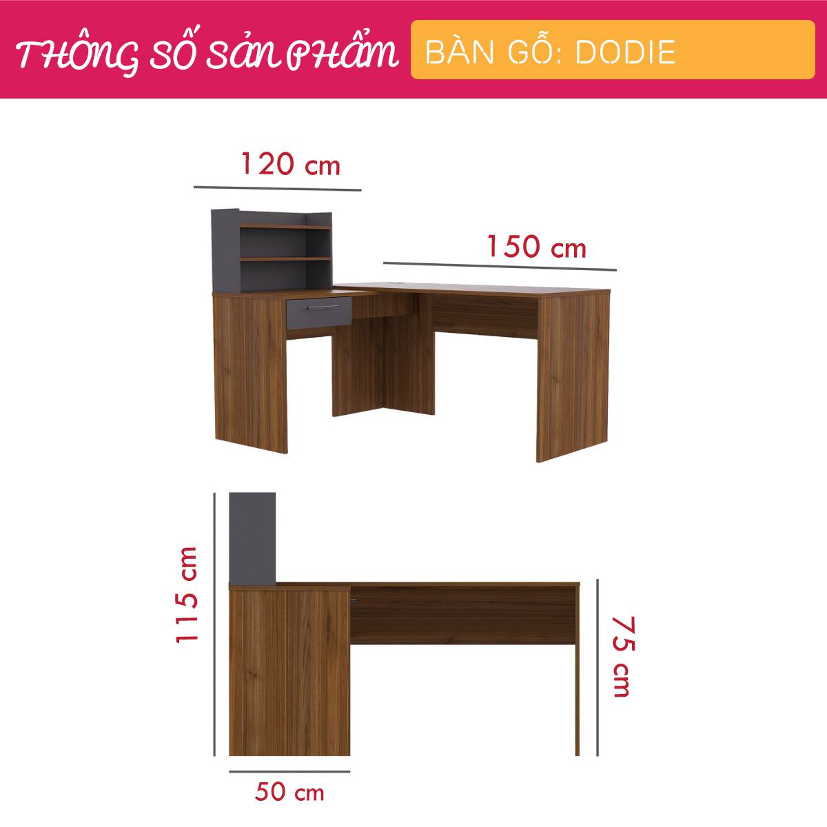 Bàn làm việc, bàn học gỗ hiện đại SMLIFE Dodie | Gỗ MDF dày 17mm chống ẩm | D150xR120xC115cm