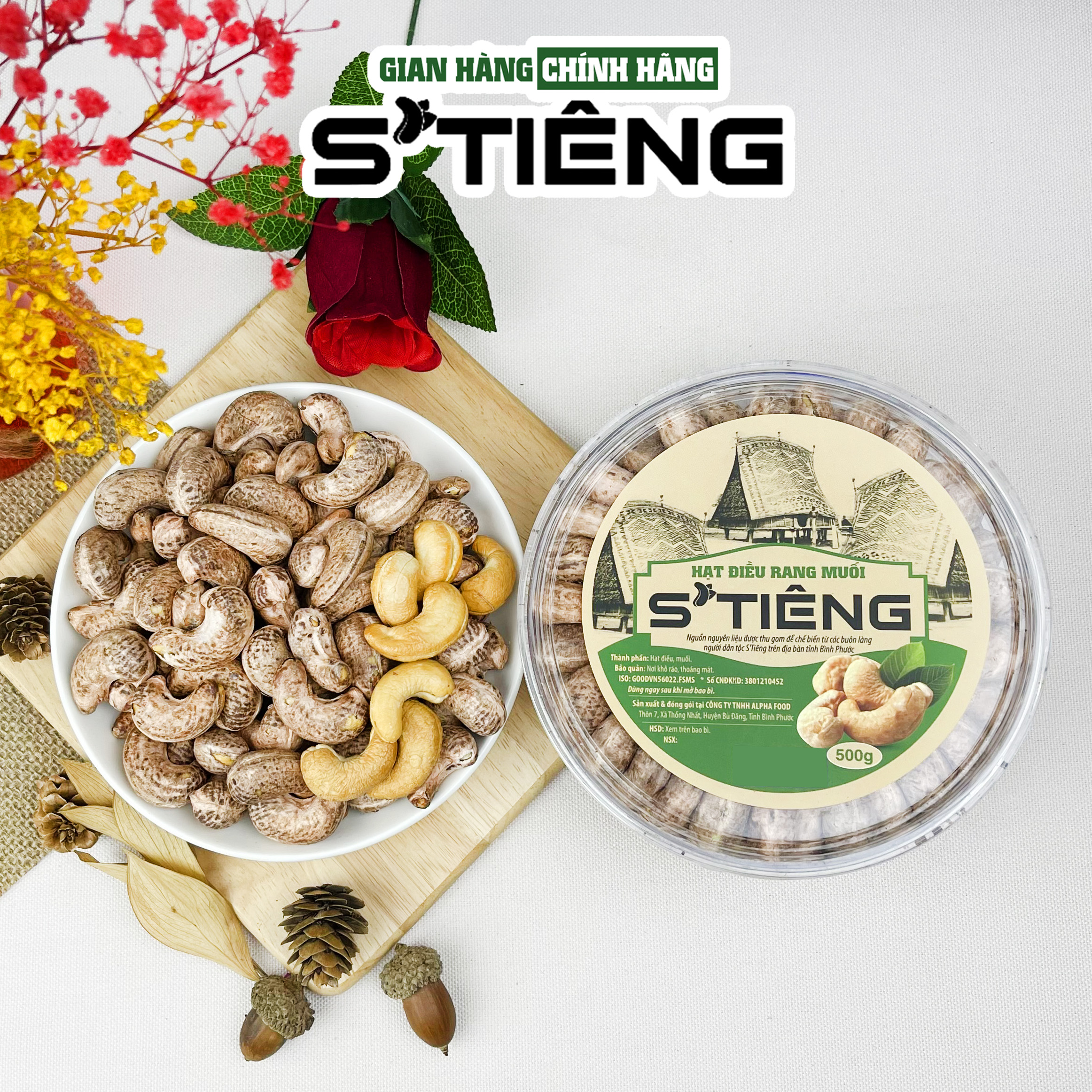500Gr Hạt Điều Rang Muối Nguyên Hạt S'TIÊNG Hộp Xếp Hoa Đẹp Mắt