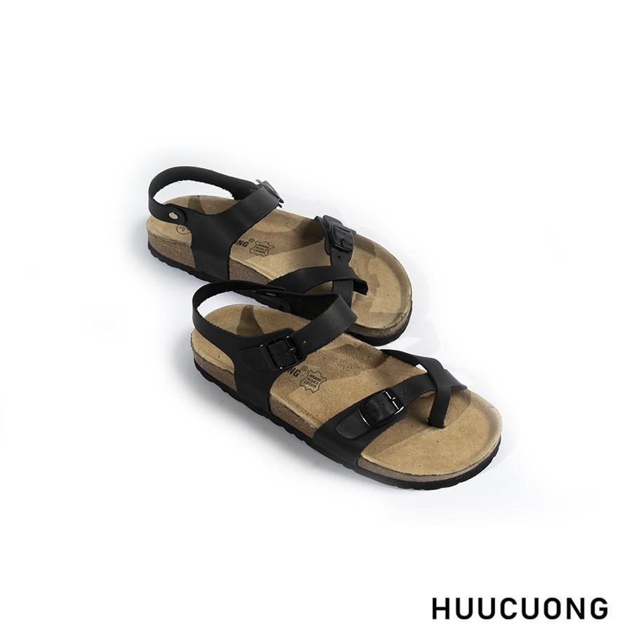 Giày Sandal Unisex HuuCuong xỏ ngón da bò đen đế trấu handmade