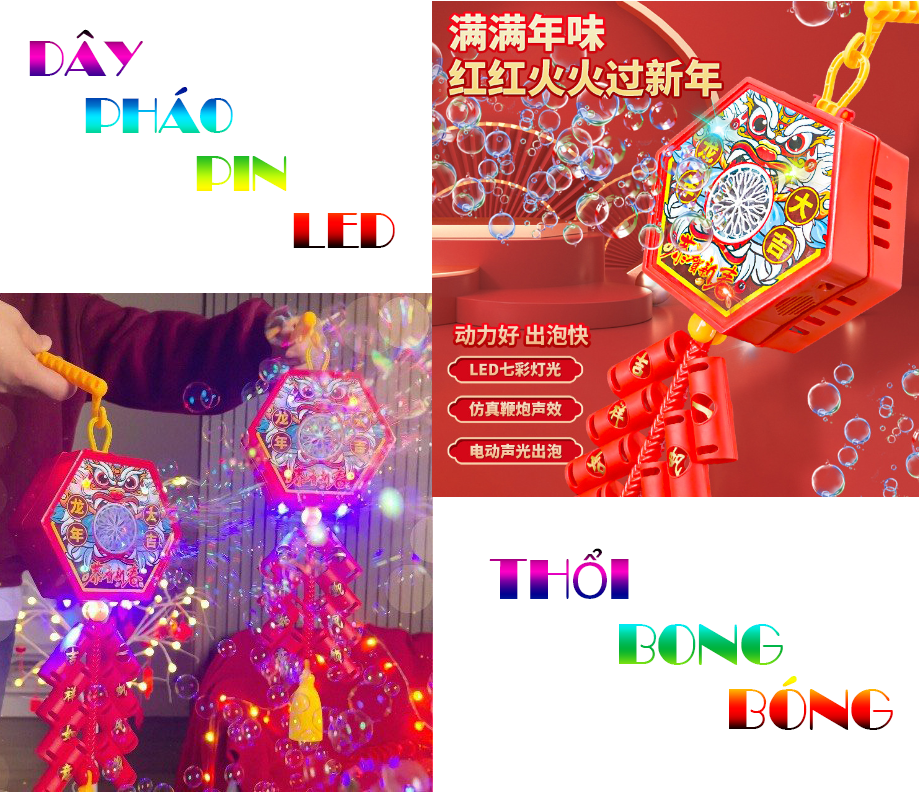 Đồ chơi Lễ Tết, Dây Phao Thổi Bong Bóng Có Đèn Led Vui Nhộn, Máy bắn phao hoa bằng xà bông, Phụ kiện trang trí Tết Năm Mới