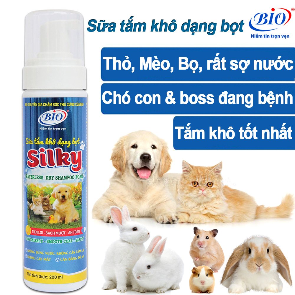 Bọt Tắm Khô Cho Chó Mèo, Sữa Tắm Khô Dạng Bọt Bio Silky 200ml