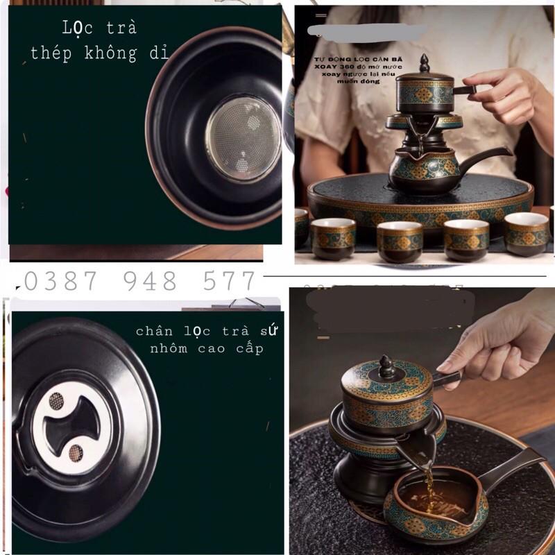 Combo-Khay + Bộ ấm chén pha trà đẹp cối xay gốm sứ cao cấp , Bộ chén uống trà đạo 19 chi tiết hoa cẩm xanh , chén trắng