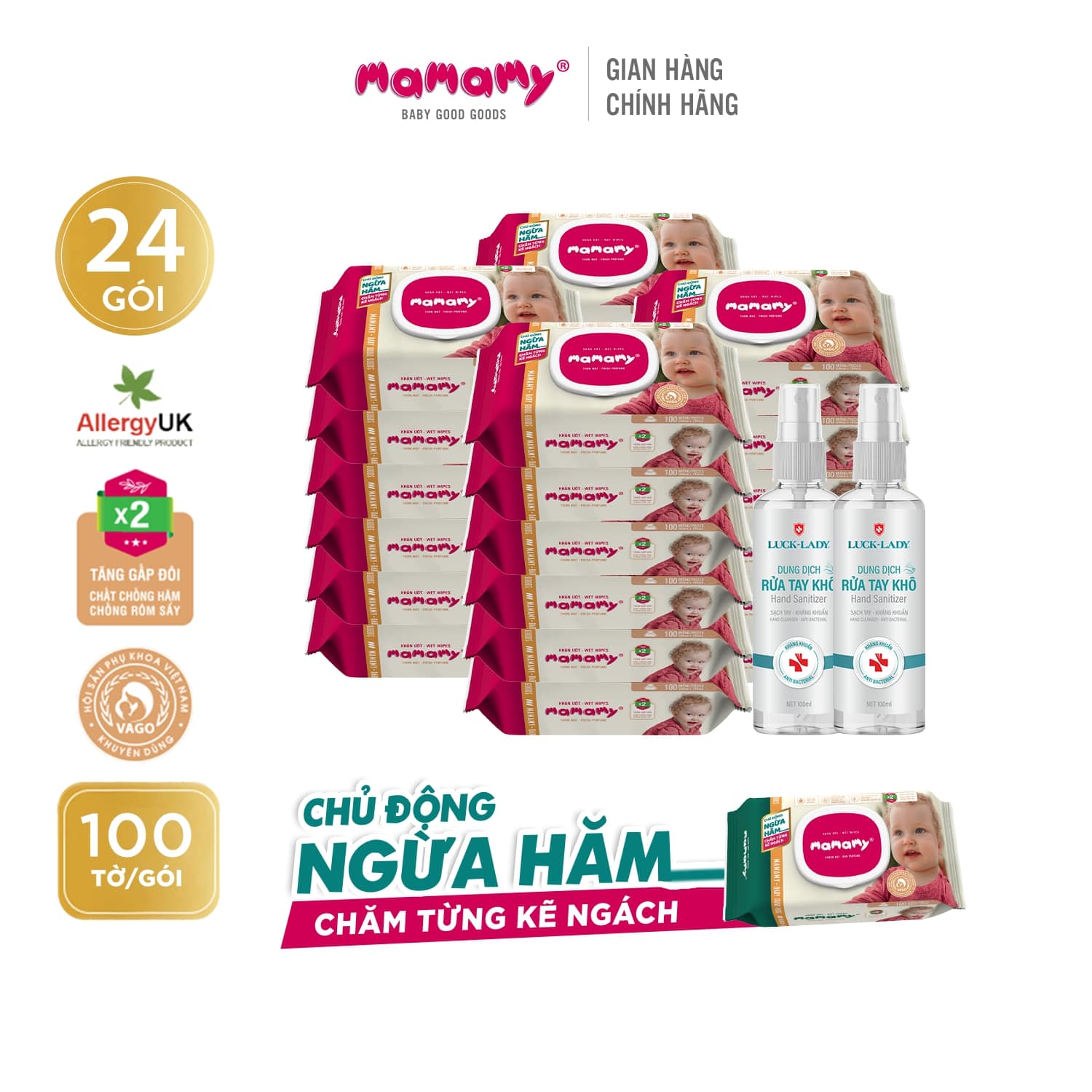 Khăn ướt Mamamy 100 tờ/gói Combo 24 gói và 2 chai dung dịch rửa tay khô 100ml/chai