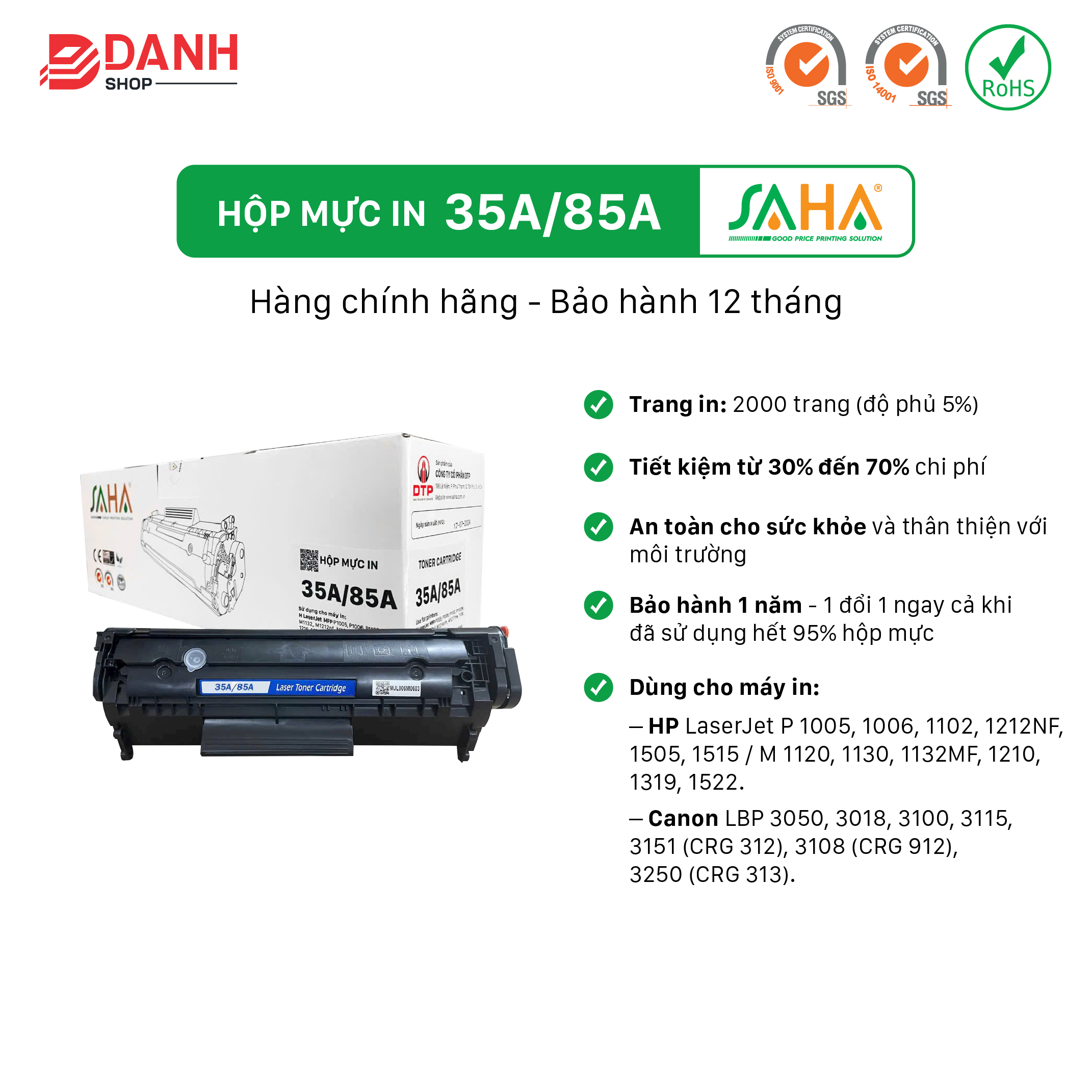 Hộp mực in SAHA 35A/36A/85A cho máy in HP, Canon - Hàng chính hãng