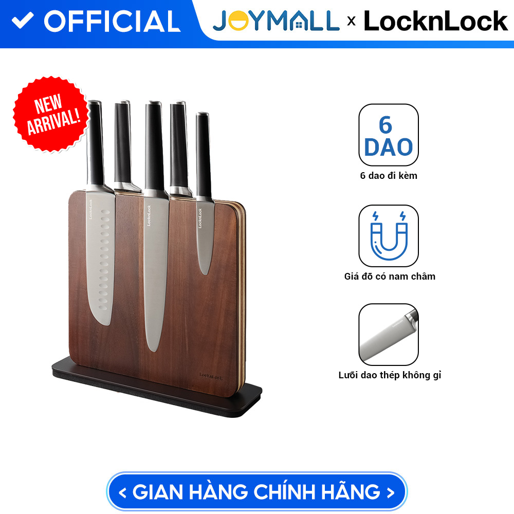 Bộ dao 7 món LocknLock CKK804, Hàng chính hãng, khối đỡ nam châm bằng gỗ - JoyMall