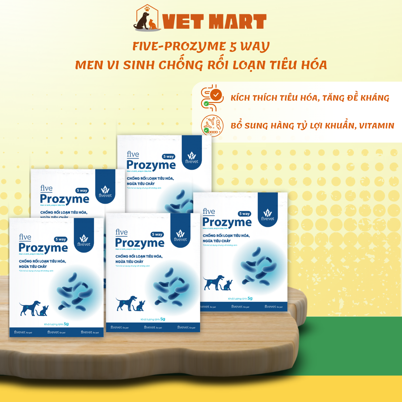 Thuốc Hỗ Trợ Tiêu Hóa Five-Prozyme 5way for pet Dành Cho Thú Cưng 1 Hộp 50 Gói x 5g - Fivevet