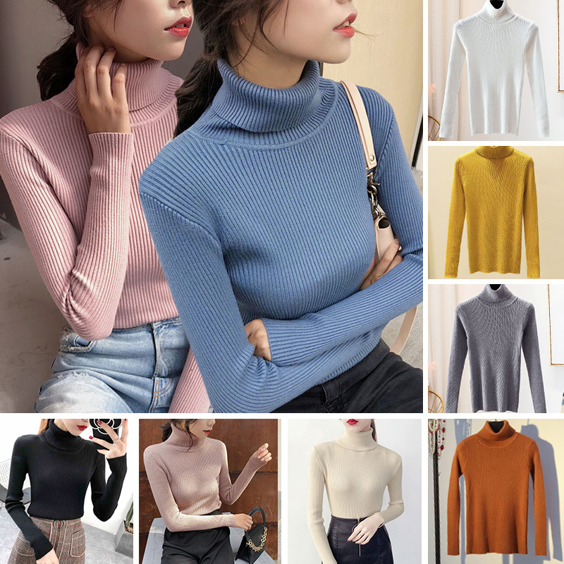 Women Sweater Stretchy Solid Color Ribbed High Neck Long Sleeve Slim Autumn Winter Casual Brief Pullover