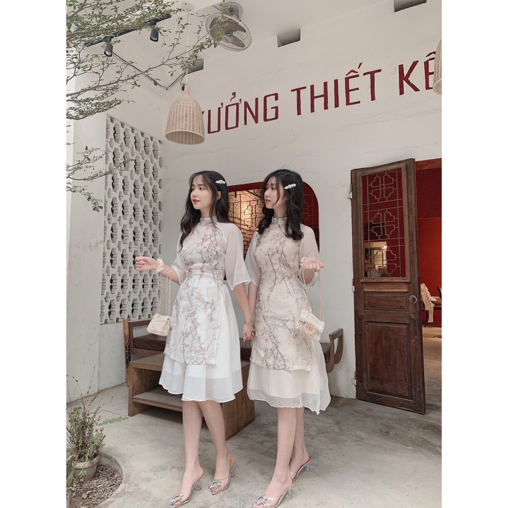 Sét áo dài hoa nổi phối voan tay lửng