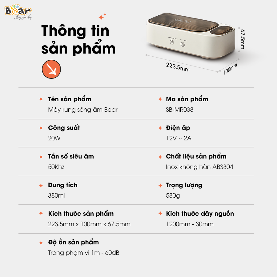 Máy Rửa Trang Sức Bằng Sóng Âm Bear Vệ Sinh Kính Mắt Lens Đồng Hồ Phụ Kiện Trang Sức Cọ Trang Điểm SB-MR038 HÀNG CHÍNH HÃNG