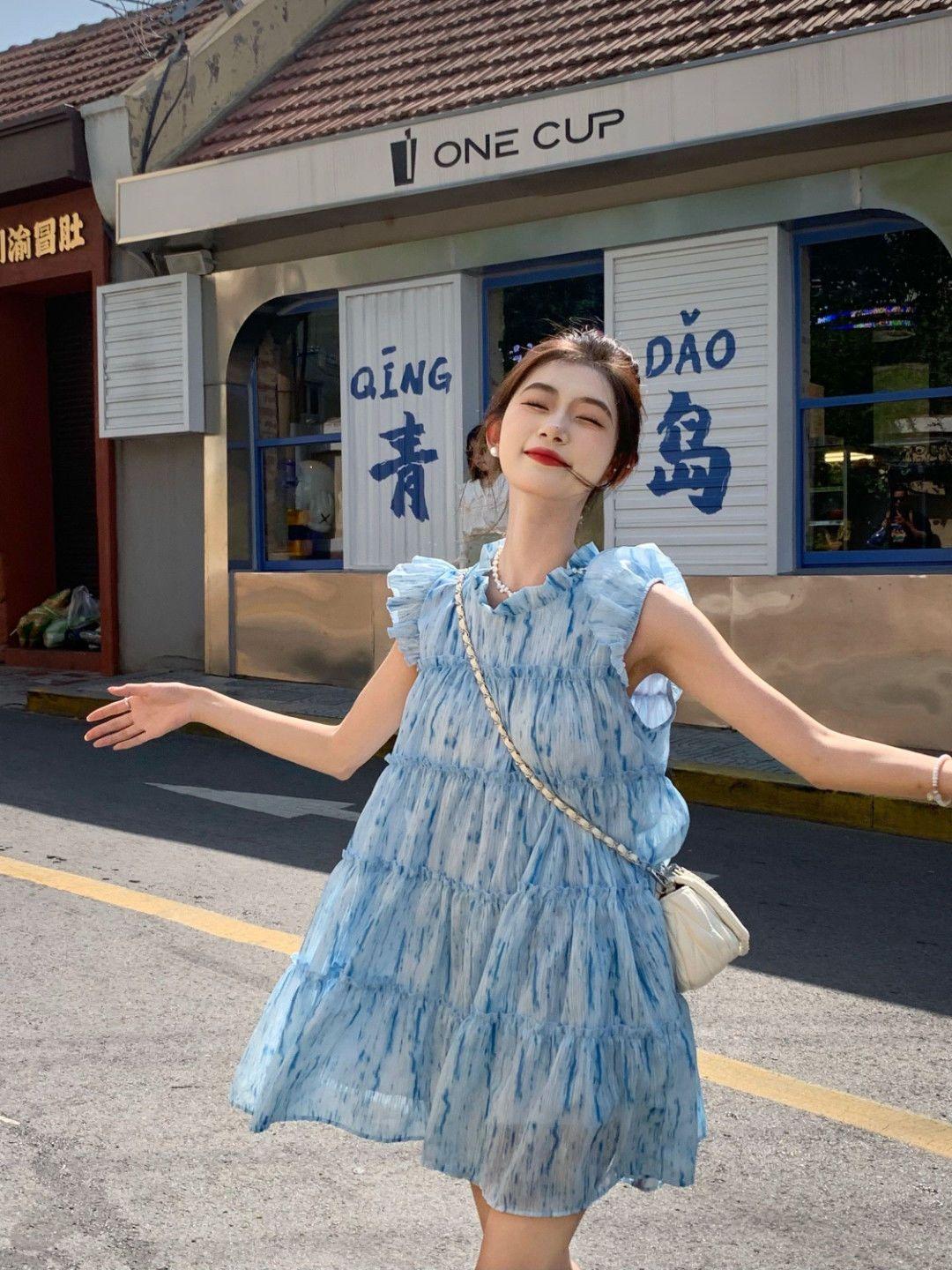 CHENGRUI Váy ngắn tay áo nữ mùa hè kiểu Pháp, váy chữ A, váy ngắn thắt lưng.
