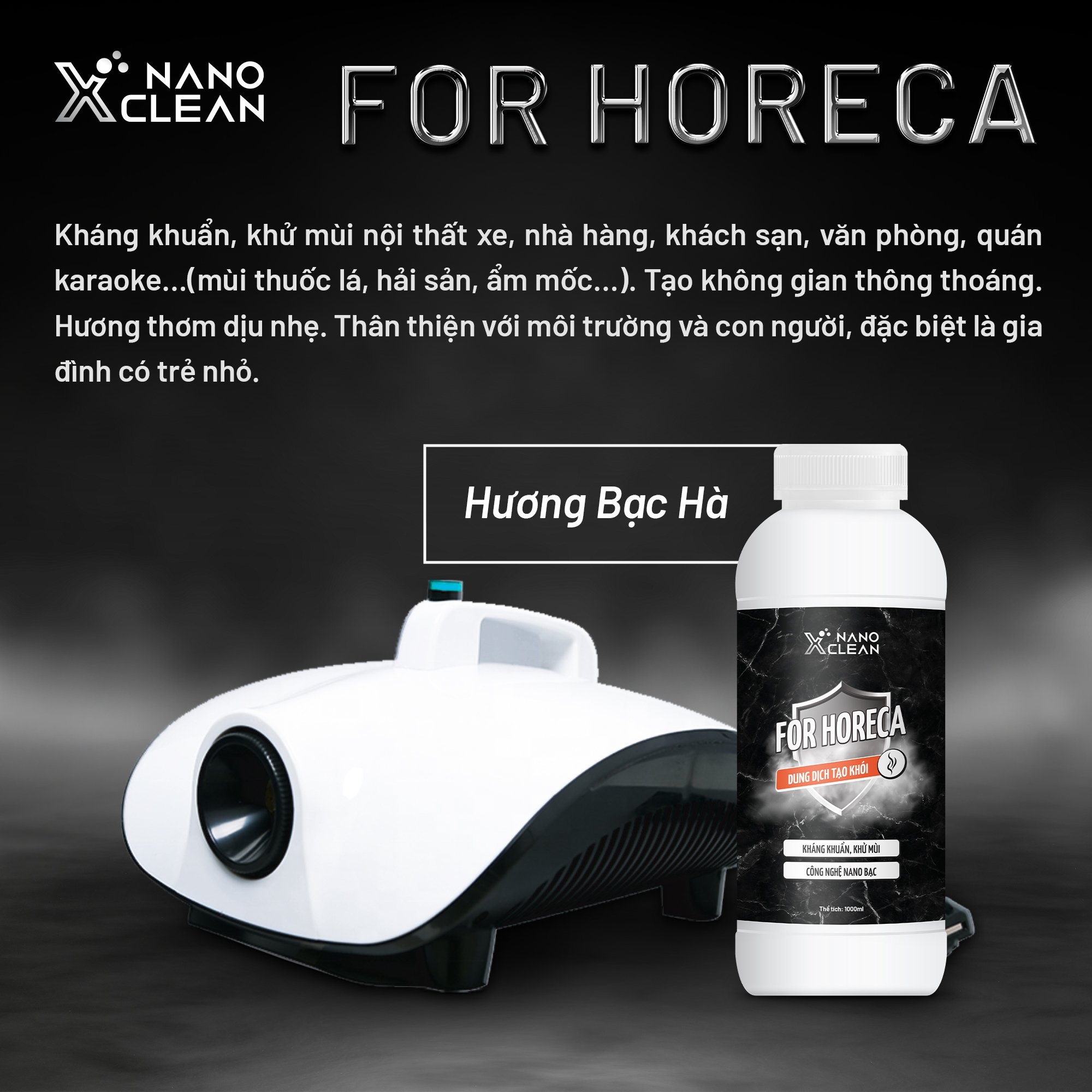 Dung dịch tạo khói, phun khói Nano Xclean For Horeca 1L-Diệt Khuẩn, Khử Mùi-Nano Bạc AHT Corp (AHTC)