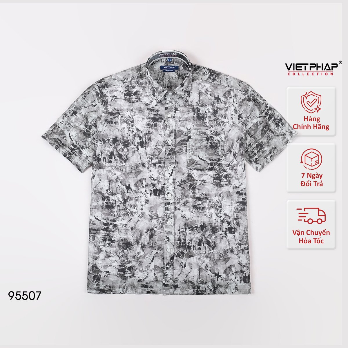 Áo Sơ Mi Nam Ngắn Tay VIỆT PHÁP Form Luxury Chất liệu  Bambo In Bông lịch lãm, sang trọng 95507