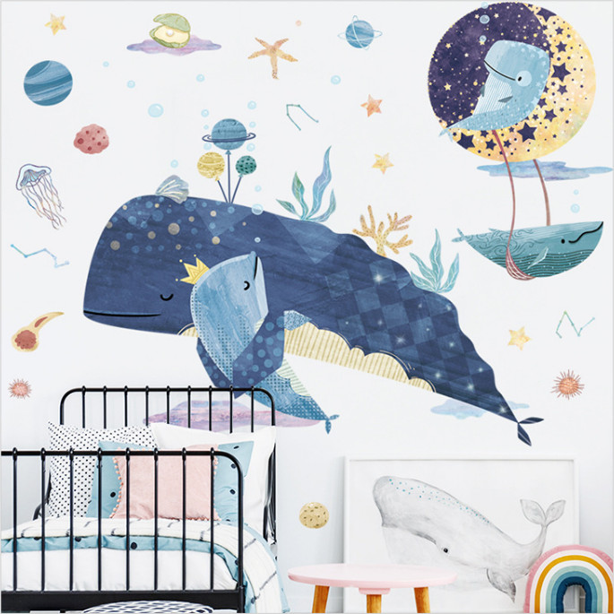 Decal trang trí tường - 2 Mẹ con cá voi ôm nhau