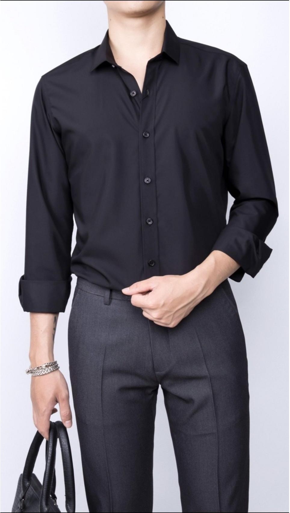 Áo sơ mi nam màu trắng dài tay vải chống nhăn - Đen - XXL