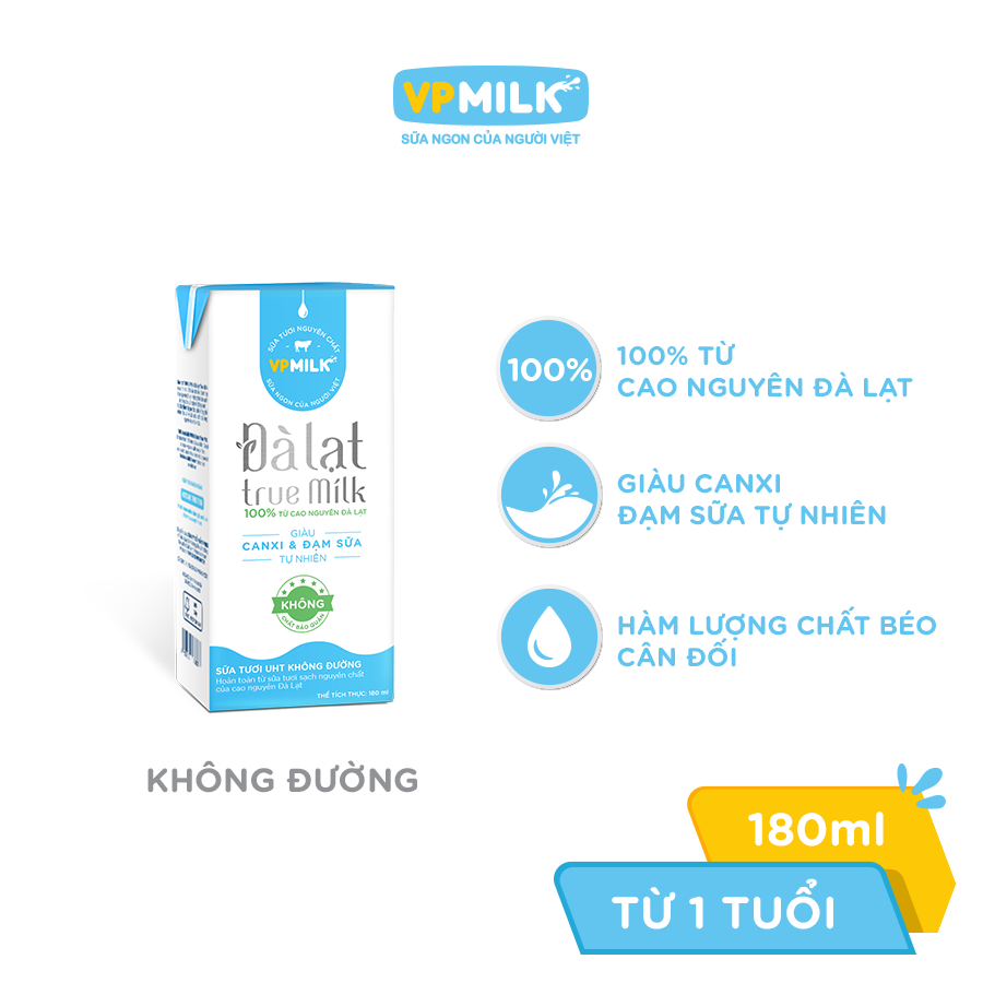 Sữa tươi UHT Đà Lạt True Milk không đường 180ml