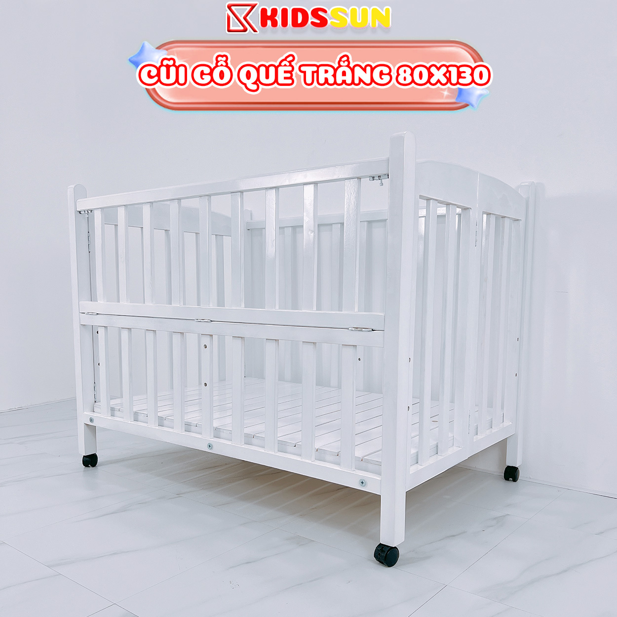 Giường Cũi - Nôi Cũi Cho Bé Từ Sơ Sinh Đến 4-5 Tuổi - Chất Liệu Gỗ Quế Màu Trắng - Kích Thước 80x130x86