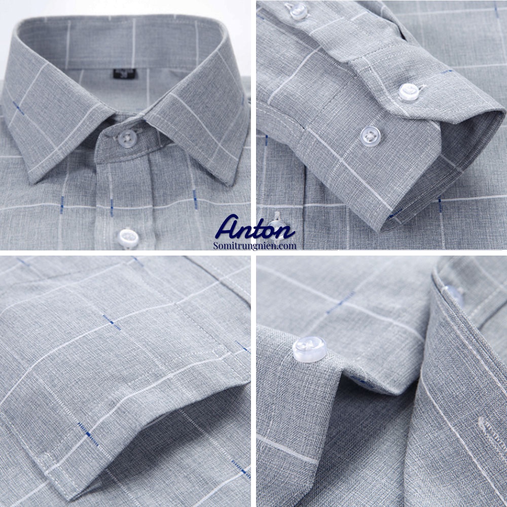 Hình ảnh Áo sơ mi nam dài tay công sở trung niên thương hiệu Anton sợi tre họa tiết màu ghi -X8551