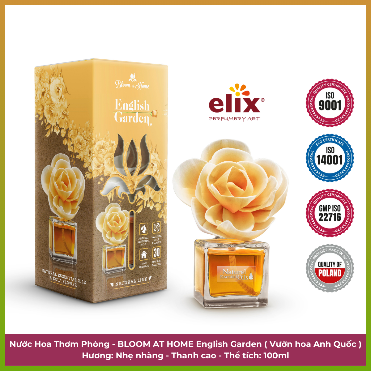 Nước hoa thơm phòng Bloom At Home Elix - Hương Vườn Hoa - 100ml nhập khẩu từ Ba Lan - Hương hoa tự nhiên, lưu hương lâu, an toàn