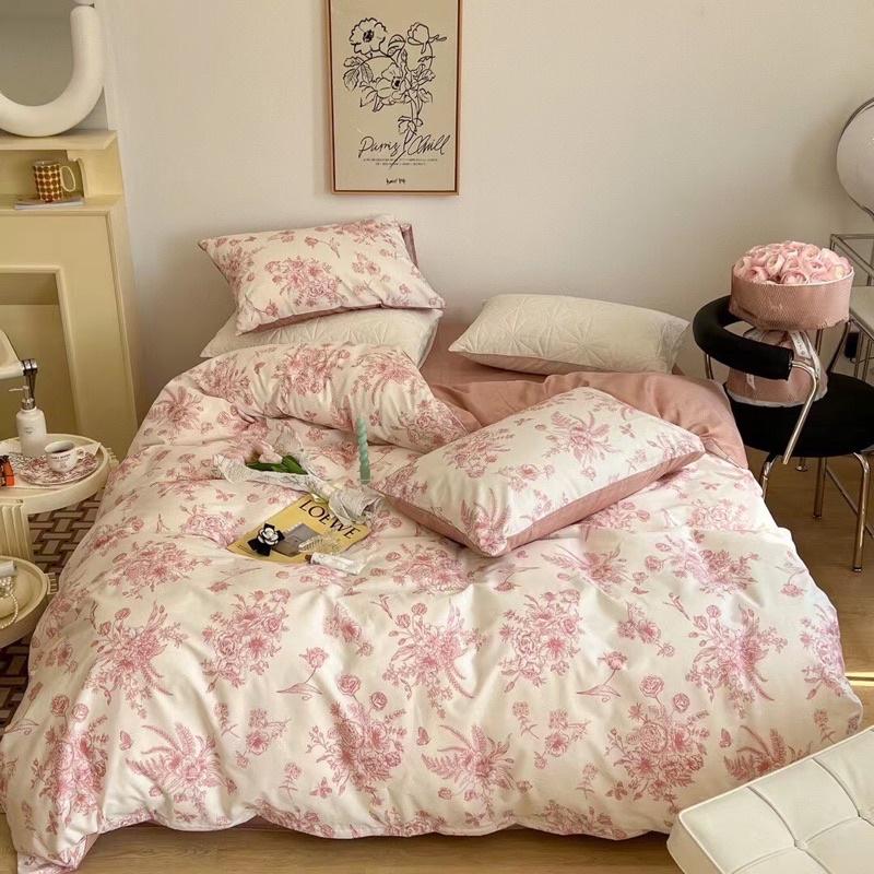 Bộ Chăn Ga Gối Cotton Living 100% Cotton Hàng Nhập Khẩu Cao Cấp 4 Món Hoa Xanh