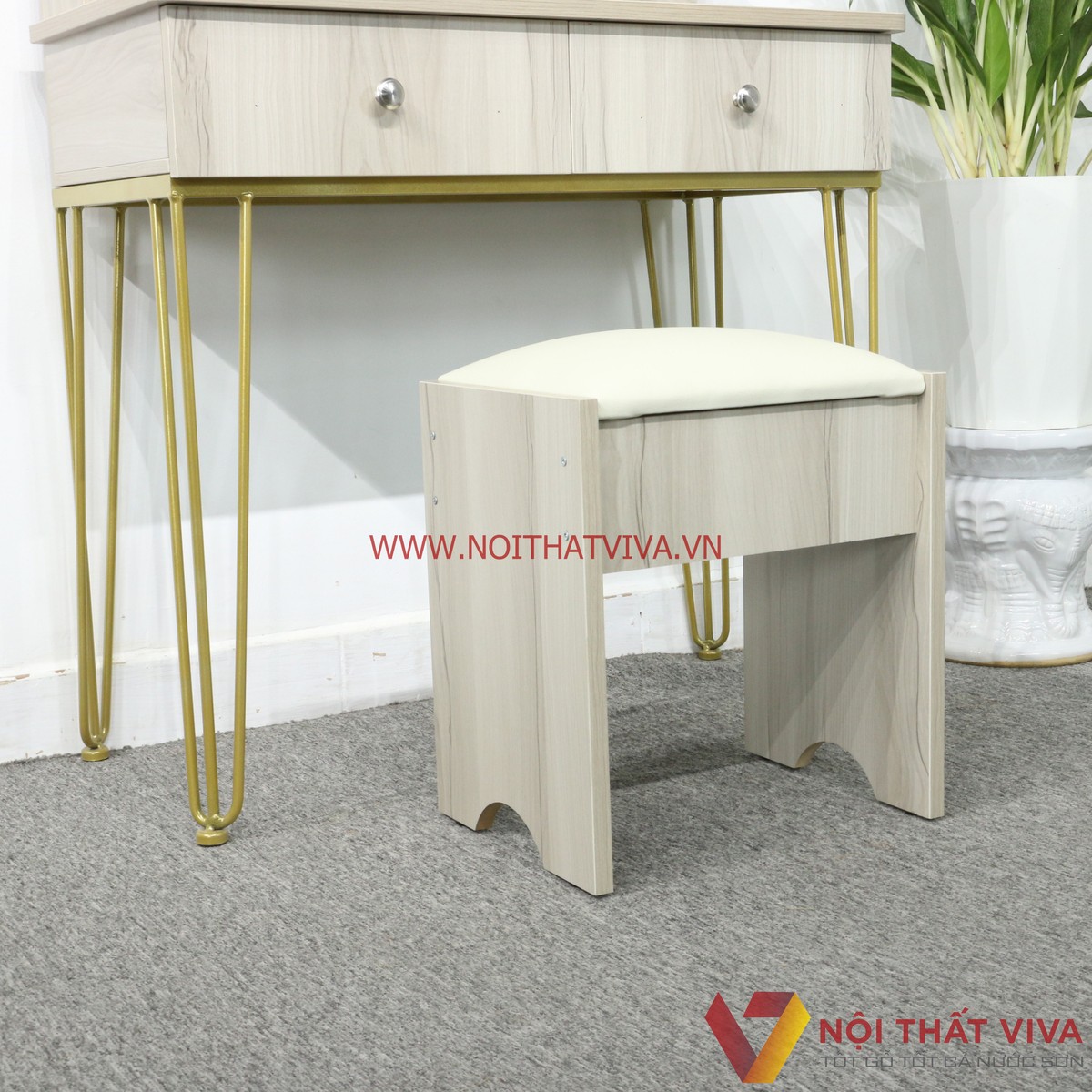 Bàn Trang Điểm Gỗ MDF Melamine Màu Sữa Chân Sắt 2 Ngăn Kéo Gương Tròn