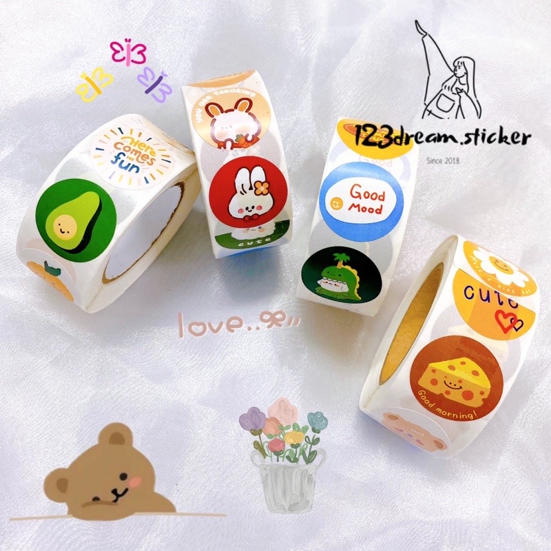 Cuộn 500 tem sticker dán trang trí size 2.5cm mẫu khủng long xanh