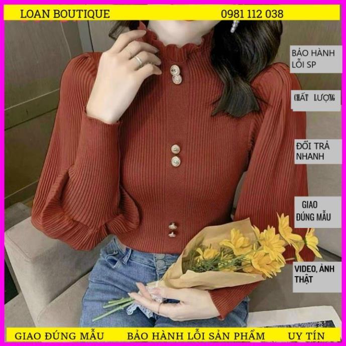 ÁO LEN NỮ CỔ LỌ TAY BỒNG chất liệu len tăm dày mịn phối vải von lụa dập li đẹp s252