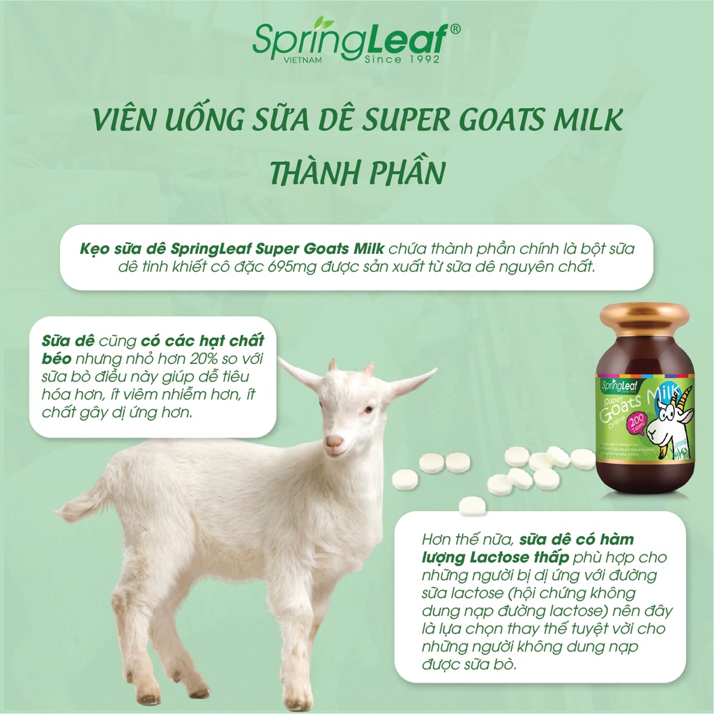 Viên nhai sữa dê cung cấp canxi, thích hợp cho người không dung nạp lactose SpringLeaf Super Goat Milk 200 viên